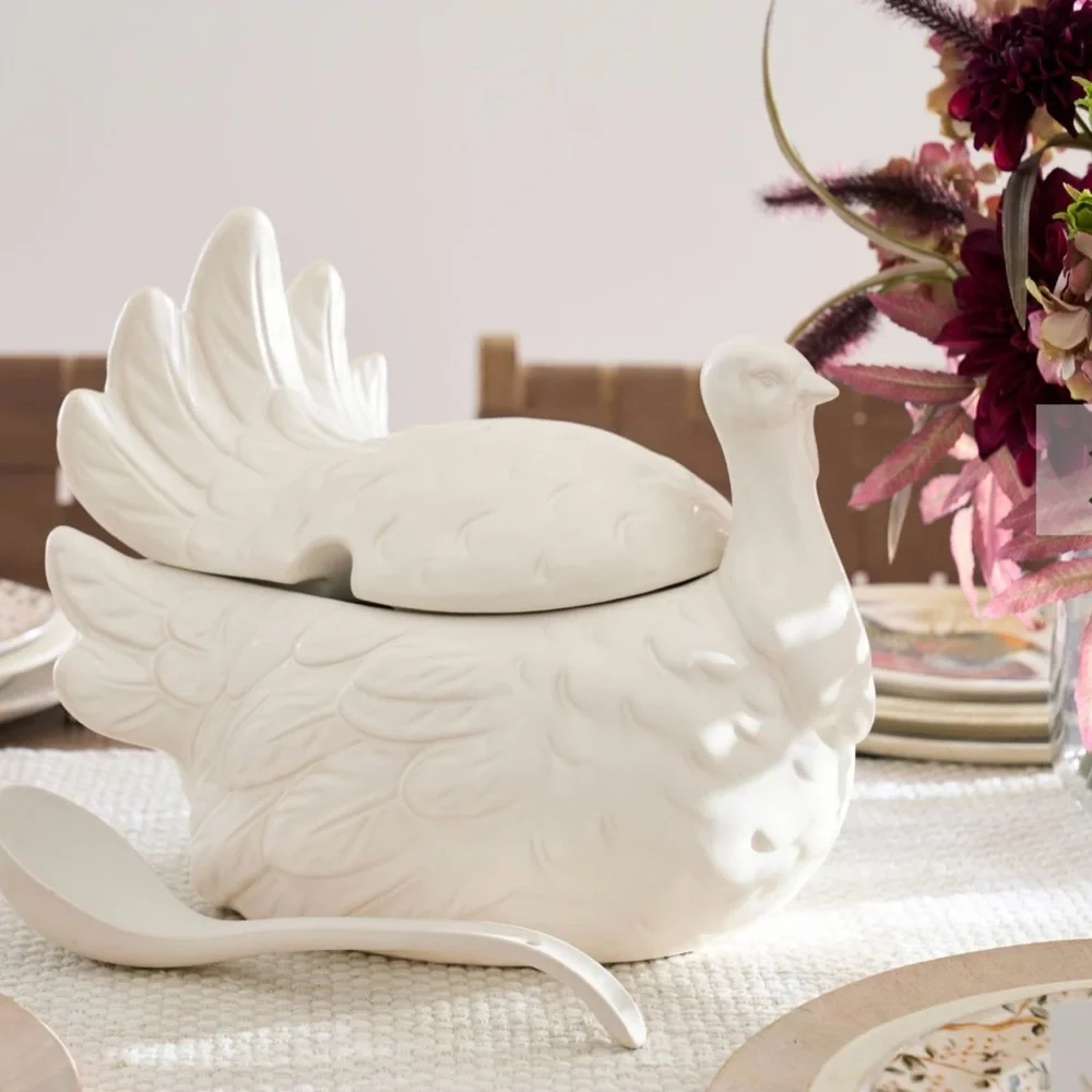 POTTERY BARN Thanksgiving Rustic Turkey Tureen w/ Ladle White & Beige NEW IN BOX